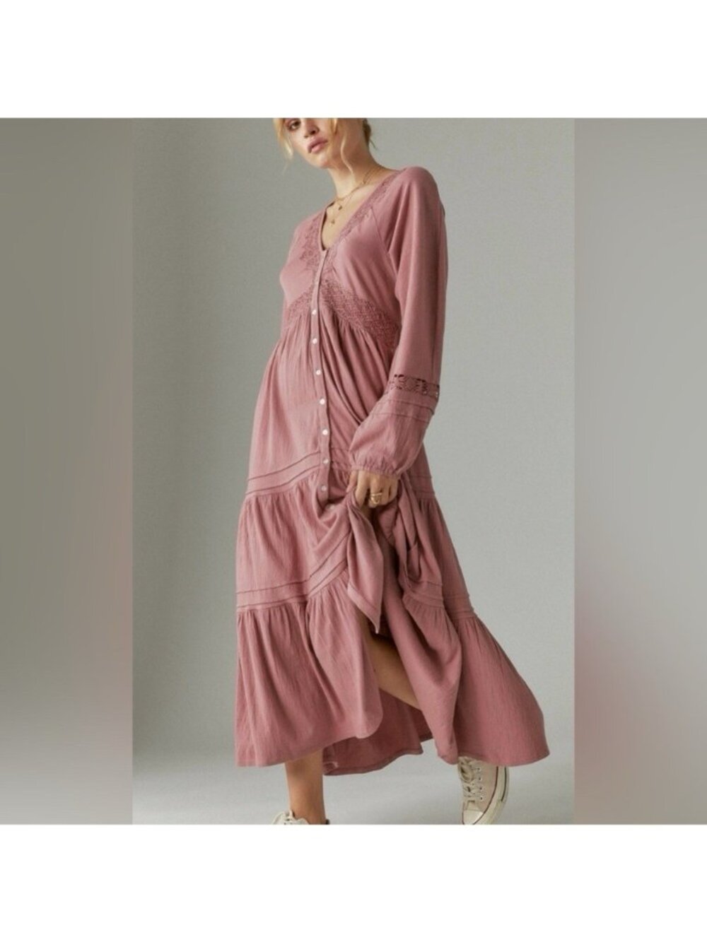 Lucky Brand Women’s Size L Boho Maxi Dress Pink Long Sleeve Button NWT $149
